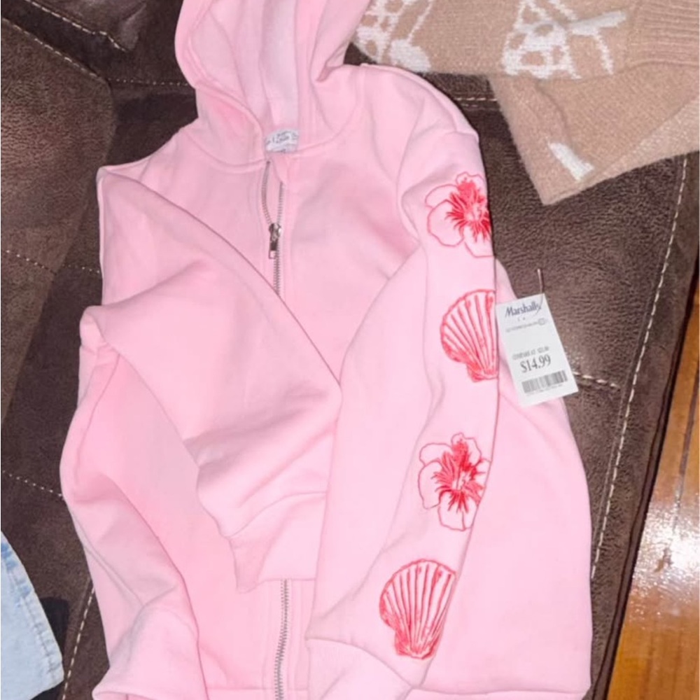 SOLD- Pink Girls' Floral & Shell Zip Hoodie